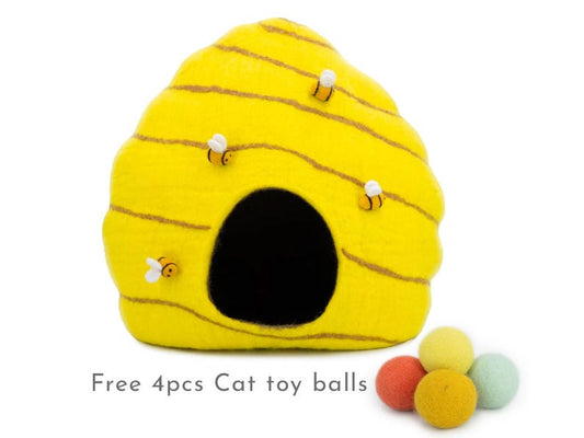 Wool Felt Bee Hive Cat Cave Bed | Handmade Pet Toy Ornaments | Pet Tunnel Felt Accessories | Cat House: Certified Fair Trade and Handmade