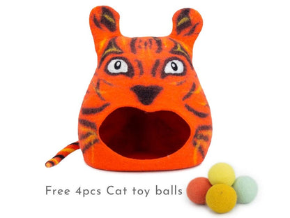 40cm Wool Felt Tiger Design Cat Cave Bed | Handmade Modern Cat Furniture | Cat Lover Gift Ideas | Cute Indoor Cat House