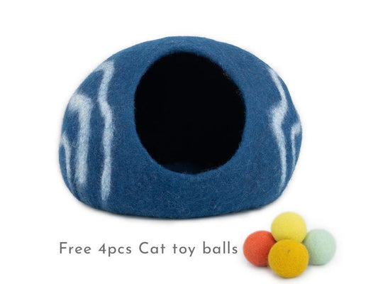50cm Wool Felt Stripe Design Cat Bed, 100% Wool Felt Cat Cave Handmade Cat House: Fair Trade