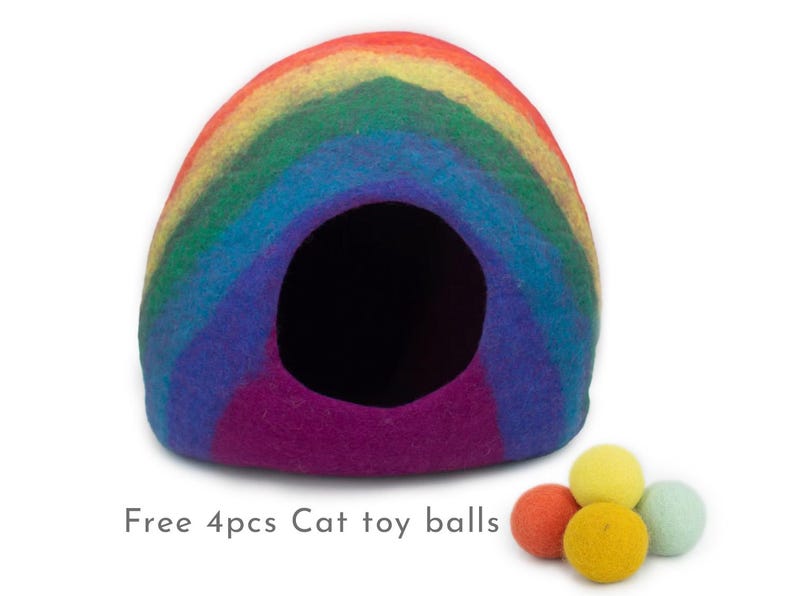 50cm Rainbow Cat Bed Cave, Wool Felted Cat House, Handmade Kitten Cocoon
