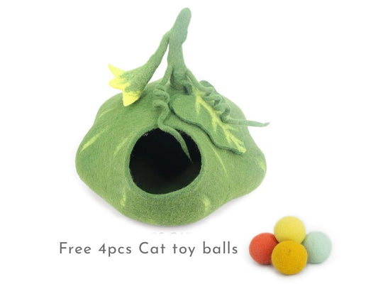 50cm Wool Felt Pumpkin Cat Cave | Felted Green Cat Bed | Kitty Bed | Felt Cat House | Fair Trade | 100% Wool and Handmade |