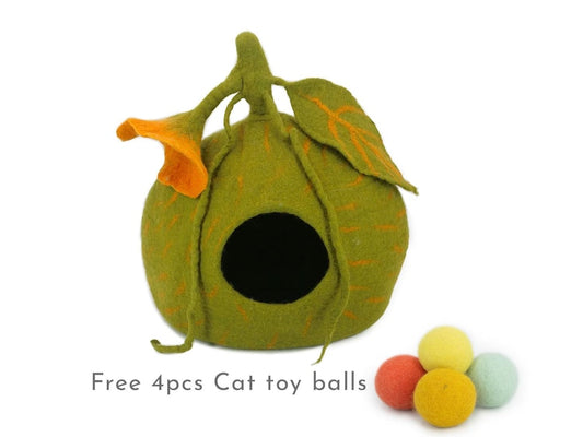 50cm Wool Felt Pumpkin Cat Cave | Felted Green Cat Bed | Kitty Bed | Felt Cat House | Fair Trade | 100% Wool and Handmade