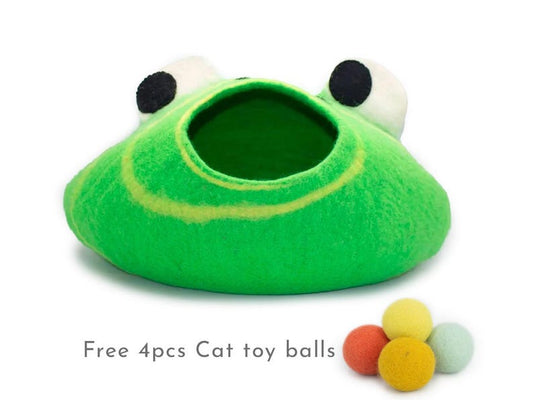 50cm Wool Felt Frog Twirl Cat Bed, Cat House Handmade: Fair Trade
