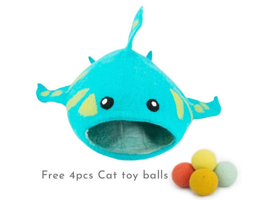 75cm Wool Felt Shark Cat Cave | Felted Cozy Cat Bed | Kitty Bed | Felt Cat House | Fair Trade | 100% Wool and Handmade