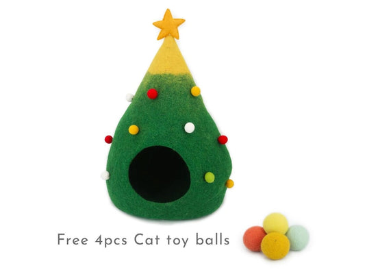 40cm Wool Felt Christmas Tree Cat Cave | Felted Cat Bed | Kitty Bed | Felt Cat House | Fair Trade | 100% Handmade and Wool |