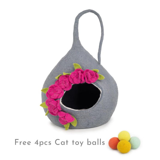 40cm Wool Felted Tendril Design Cat House with Pink Flowers | Perfect Gift for Cat Lovers | Handmade Modern Cat Bed