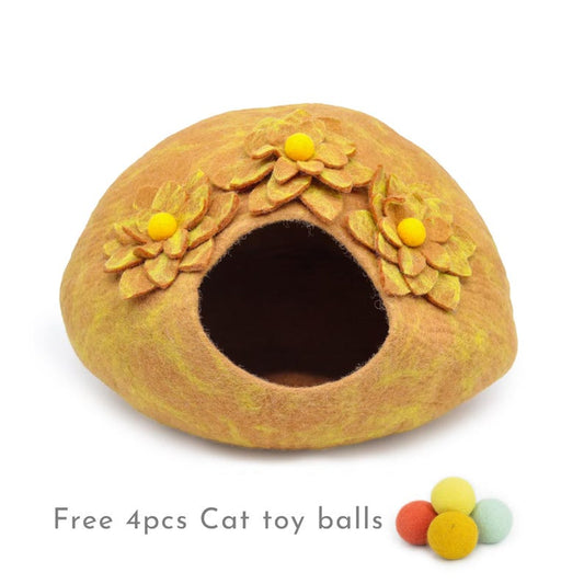 50cm Wool Felt Flower Design Cat Bed, Golden Handmade Cat Cave House, Floral Cat Cocoon