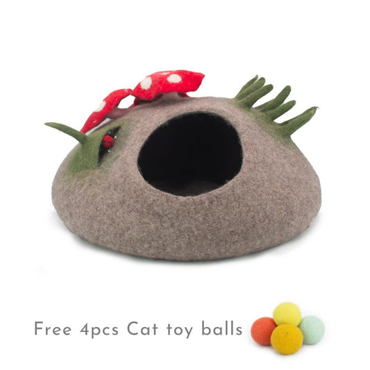 50cm Wool Felt Cat Cave With Mini Mushroom | Felted Cat Bed | Felt Pet House | Fair Trade | 100% Wool and Handmade