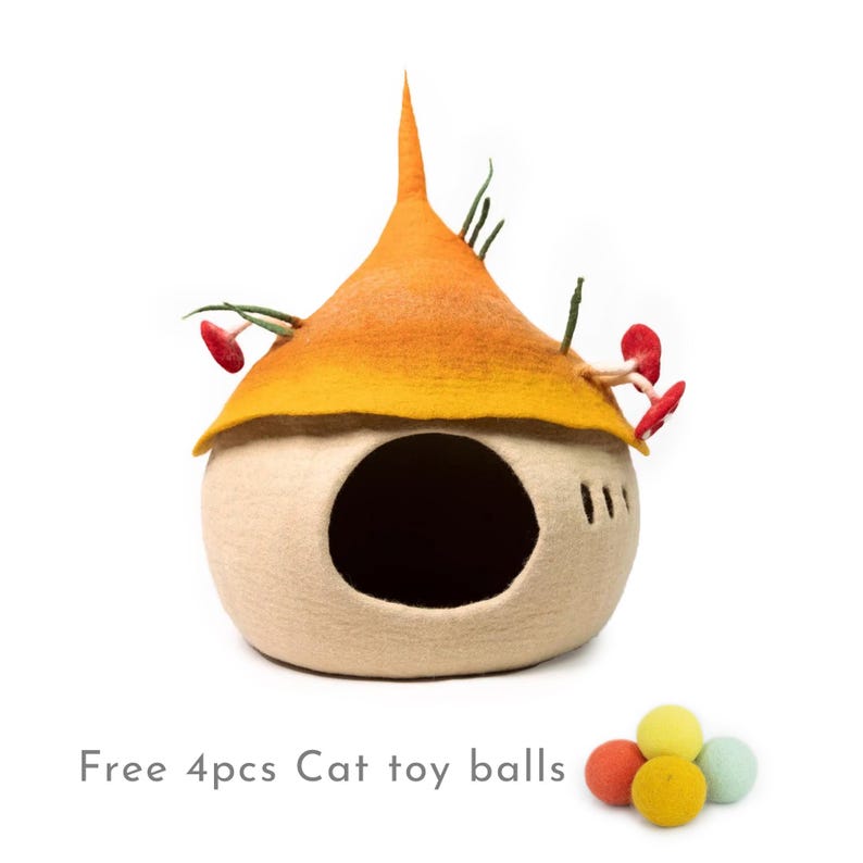 Handmade Mushroom Tendril Wool Felt Cat Cave | Modern Cat Furniture | Wool Cat Cocoon | Aesthetic Cat House | Eco-Friendly Cat Bed